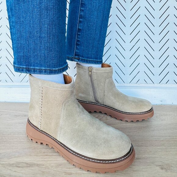 ⭐Lucky Brand Womens Suede Ankle Boots 7.5 Chameli Leather Platform Beige Booties - Picture 2 of 8